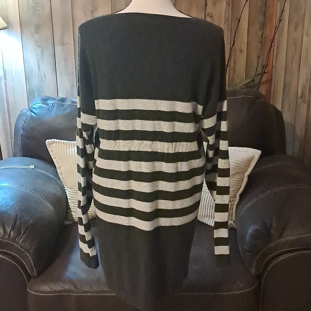 Orvis Women 100% Cashmere Crew Neck Sweater Tunic Size L Gray Striped Soft Comfy - Picture 4 of 10